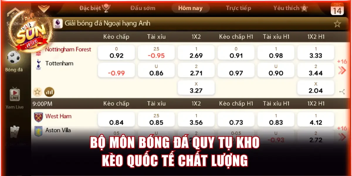 Thể Thao Sunwin - Tận Hưởng Hệ Thống Kèo Chuẩn Quốc Tế 3 Bộ môn bóng đá quy tụ kho kèo quốc tế chất lượng