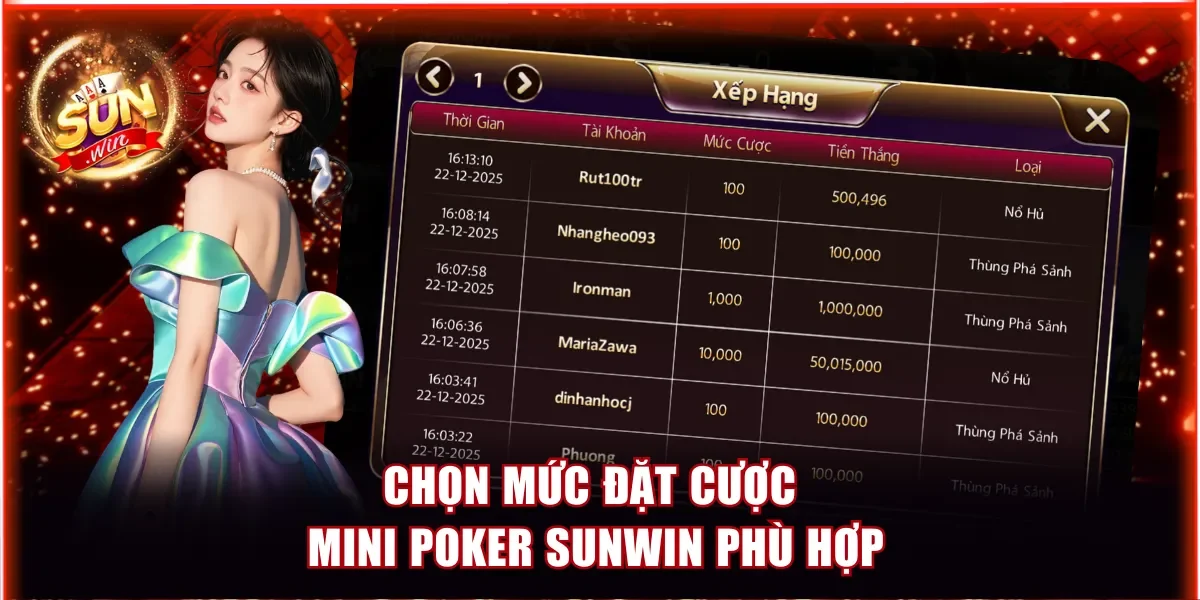 Mini Poker Sunwin - Spin Trúng Ngay 50M Từ Hũ Jackpot 4 Chọn mức cược Mini Poker Sunwin phù hợp